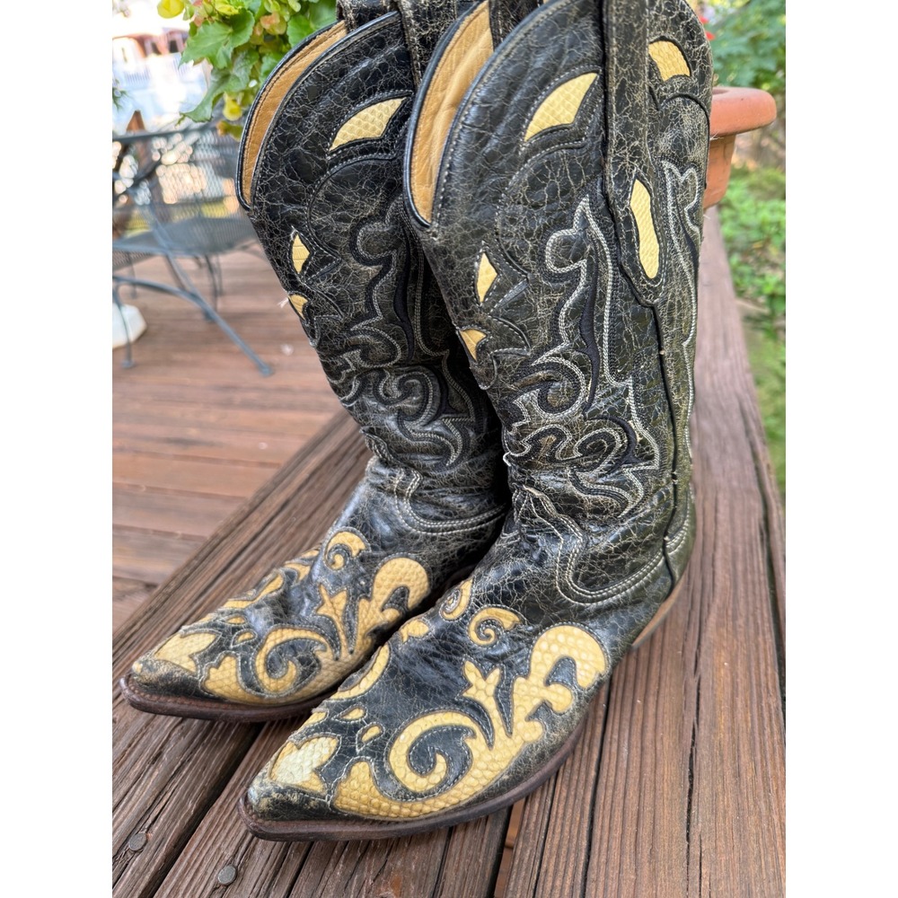 Corral Vintage Black Distressed Leather Inlay Western Cowboy Boots Size 9